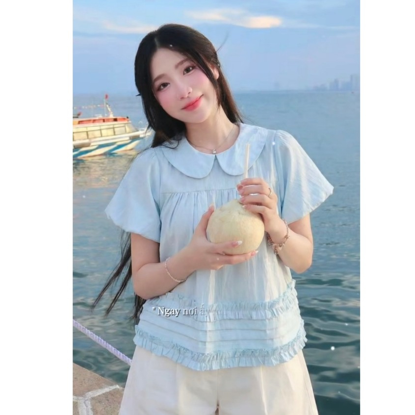 Áo babydoll dáng vừa cổ sen điệu đà phối bèo ly cách, áo kiểu nữ xinh xắn LABEl A85