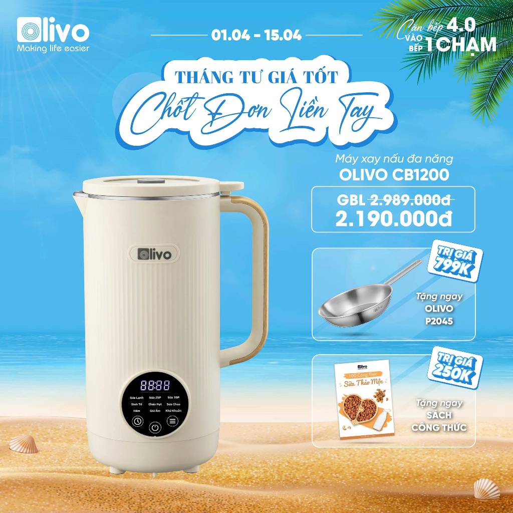 Máy Làm Sữa Hạt OLIVO CB1200 Xay Nấu Đa Năng, 1200ML, Nắp Kính Cường Lực, 10 Chức Năng Nấu, Làm Sữa 