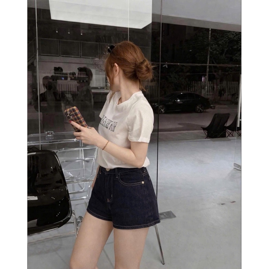 Quần Short Nữ Lưng Cao dáng Rộng màu Xanh Đậm Quần Đùi Nữ chất liệu Denim mềm Chỉ Nổi Basic | BigBuy360 - bigbuy360.vn