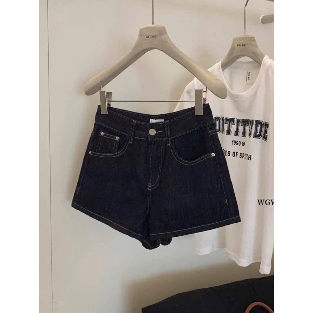 Quần Short Nữ Lưng Cao dáng Rộng màu Xanh Đậm Quần Đùi Nữ chất liệu Denim mềm Chỉ Nổi Basic | BigBuy360 - bigbuy360.vn