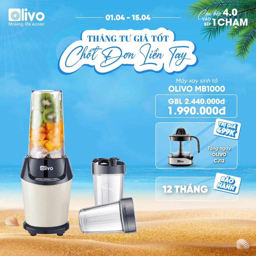 Máy xay sinh tố OLIVO MB1000 công suất lớn 1000W với ba cốc xay riêng biệt,lưỡi dao inox - Befoyo