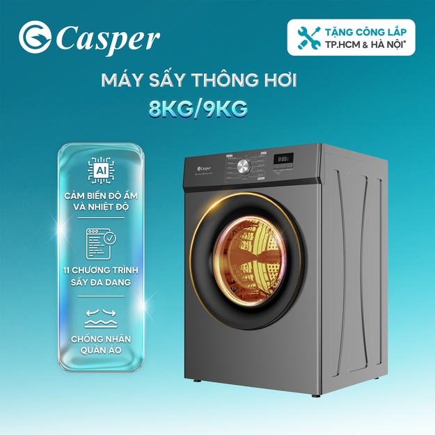 [Shopee - Lắp đặt 0Đ HN HCM] Máy sấy thông hơi Casper 8KG/ 9KG - Sấy giảm nhăn, bảo vệ vải - TD-EE8VG1/ TD-E9VG1