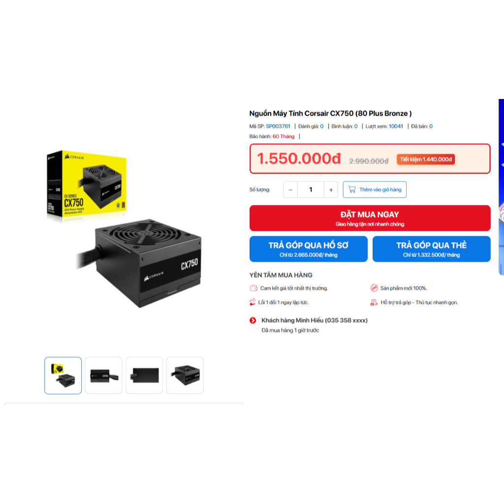 Giá Quá Tốt  Nguồn máy tính Corsair CX750 - 80 Plus Bronze (750W) CP-9020279-NA
