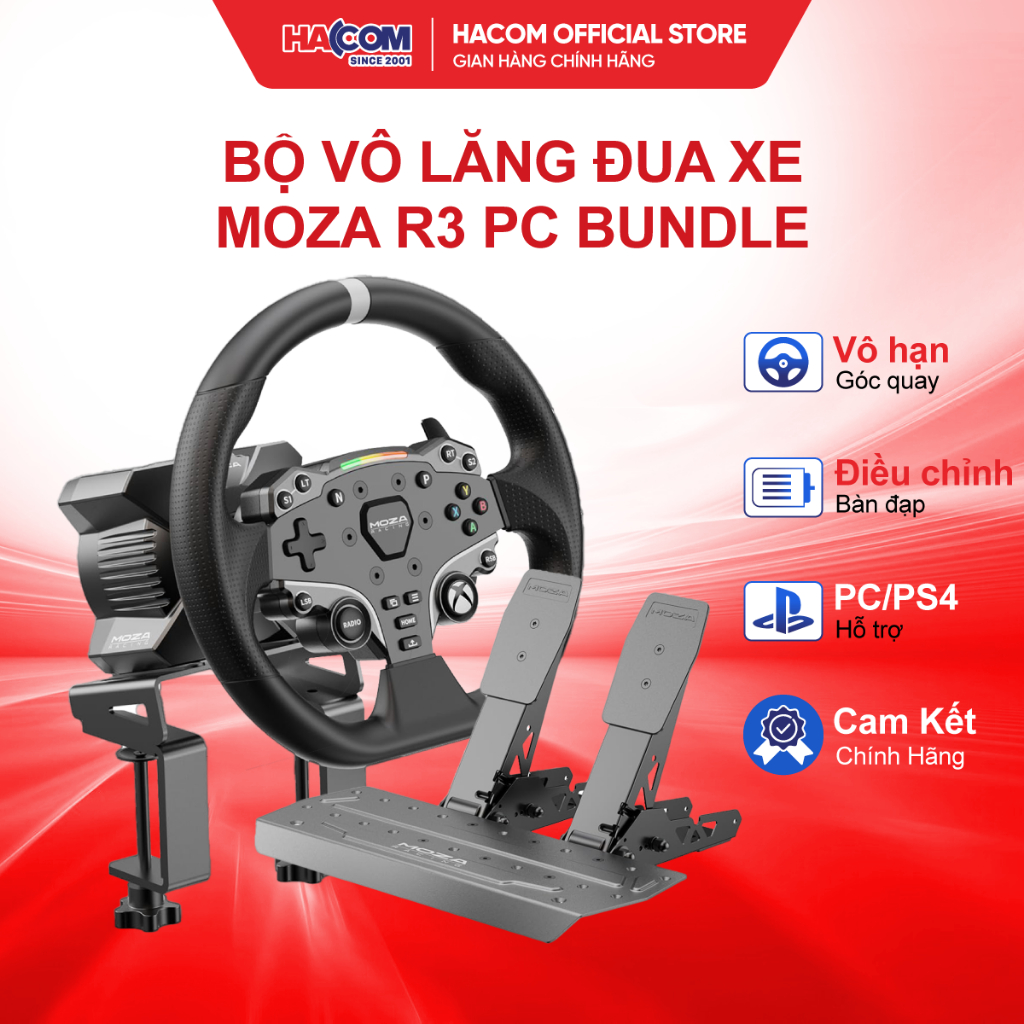 Bộ Vô Lăng Đua Xe Moza R3 Bundle PC/Xbox (R3 Wheel Base/Vô Lăng/Pedal/Ngàm Kẹp Bàn) - BH 12 Tháng