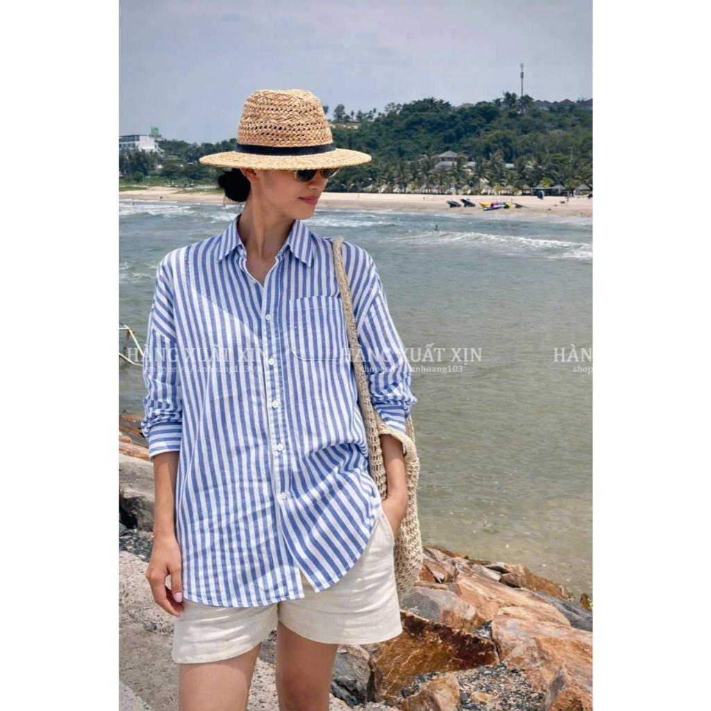 Áo Sơ Mi Nữ OSHIRI Kẻ Sọc Xanh Trắng Vải Linen Tưng Pre Cao Cấp Thanh Lịch