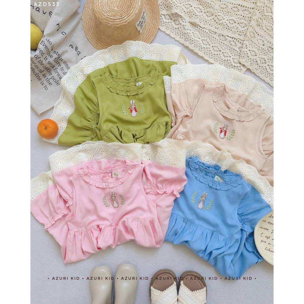 Đầm Bé Gái Lolita Thỏ Peter Linen Lụa AZD533 Siêu Mát Hình Thêu Ngực Dáng Vintage