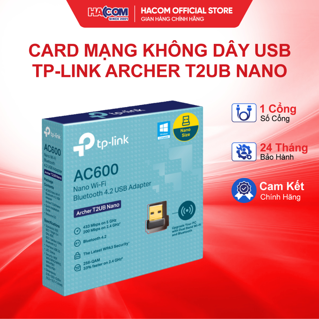 Card Mạng Không Dây TP-Link Archer T2UB Nano (Wireless AC600/Bluetooth 4.2) - BH 24 Tháng HACOM PC