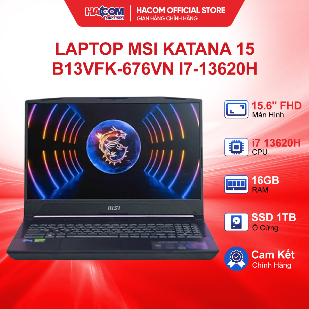 Laptop MSI GAMING KATANA 15 B13VFK-676(VN/I7/13620H/16GB/1TB SSD/RTX4060 8GB/15.6FHD144HZ/WIN11/ĐEN)