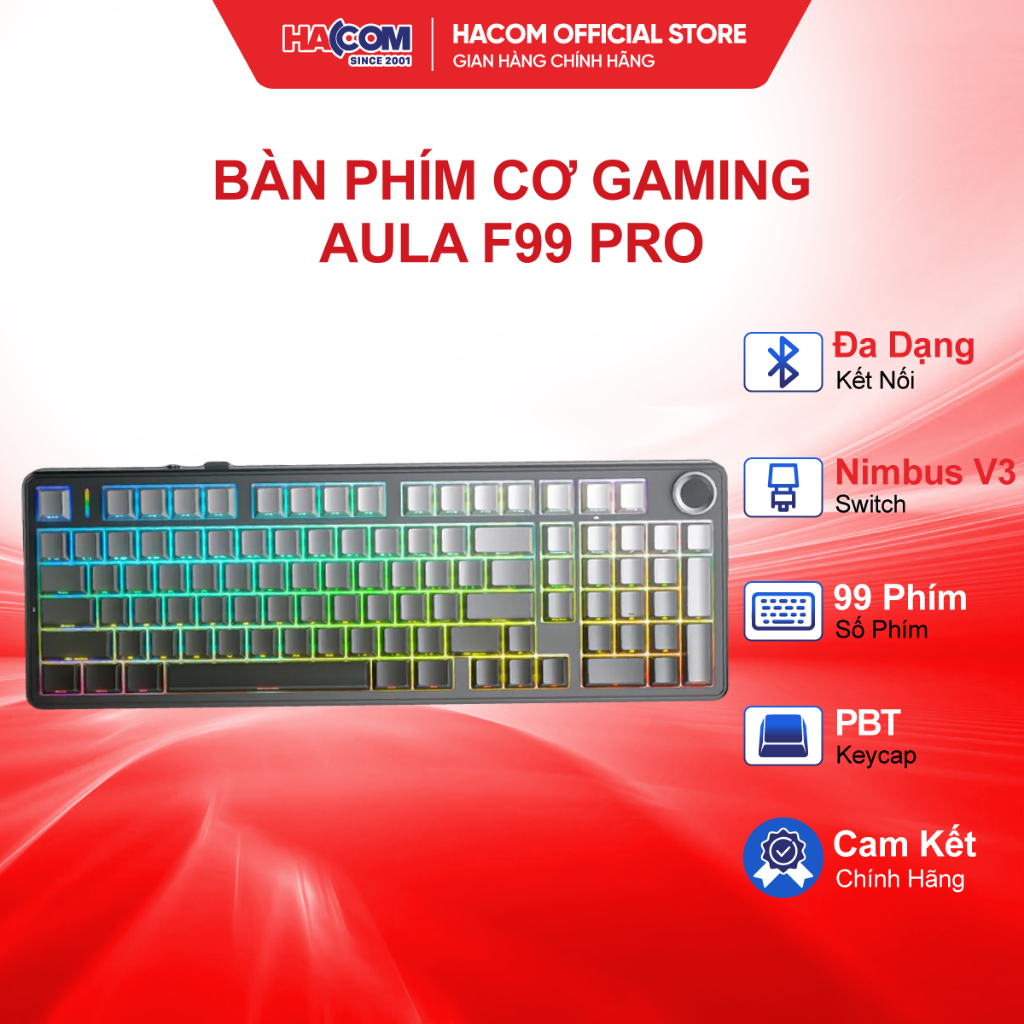 Bàn Phím Cơ gaming AULA F99 Pro (3 Mode/Xám + Đen gradient/Rgb/Nimbus V3 switch) HACOM PC