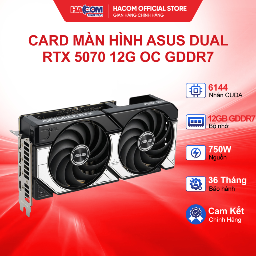 Card Màn Hình NVIDIA GeForce RTX 5070 ASUS Dual OC/12GB/GDDR7/6144 CUDA/650W - BH 36 Tháng HACOM PC
