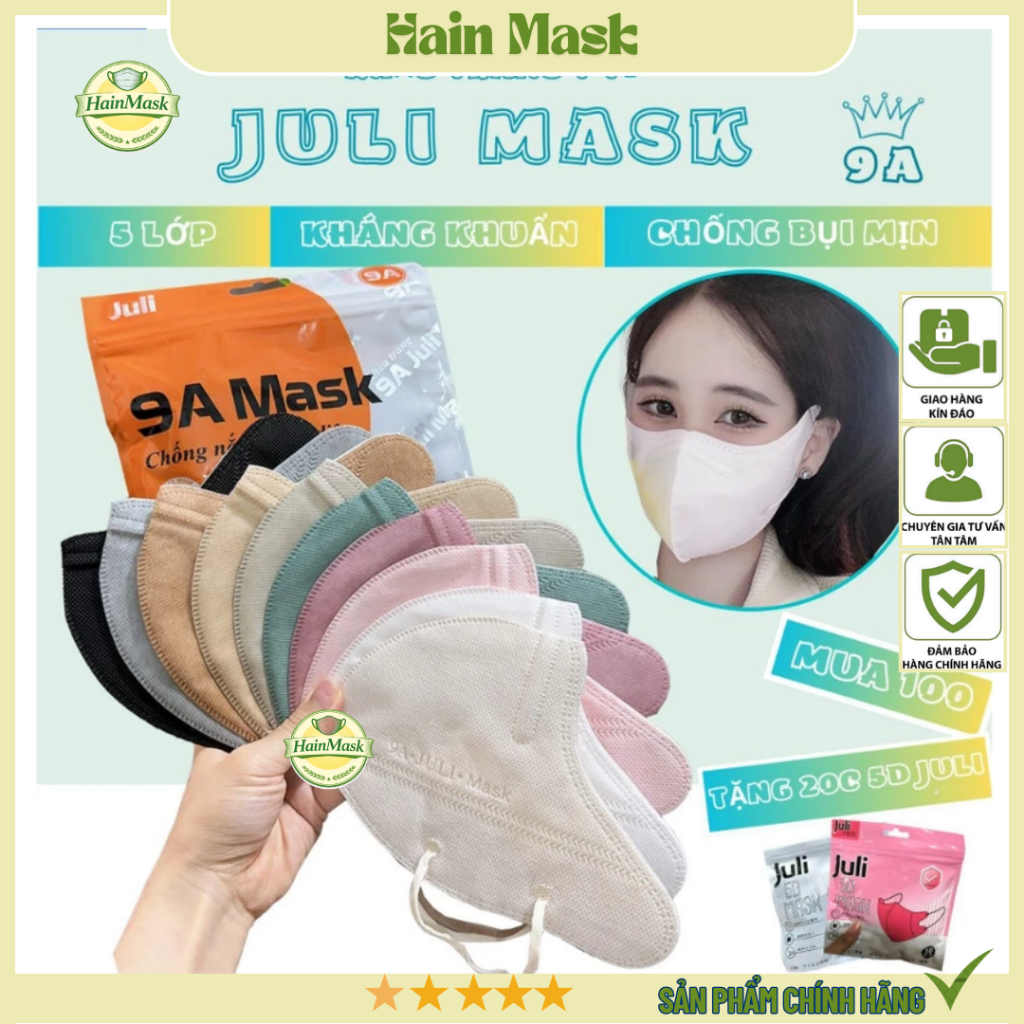 [MUA 200 chiếc 9A tặng 20c 5D ] Khẩu trang 9A JULI 5 Lớp Kháng Khuẩn Dày Dặn, Chống Nắng Toàn Diện