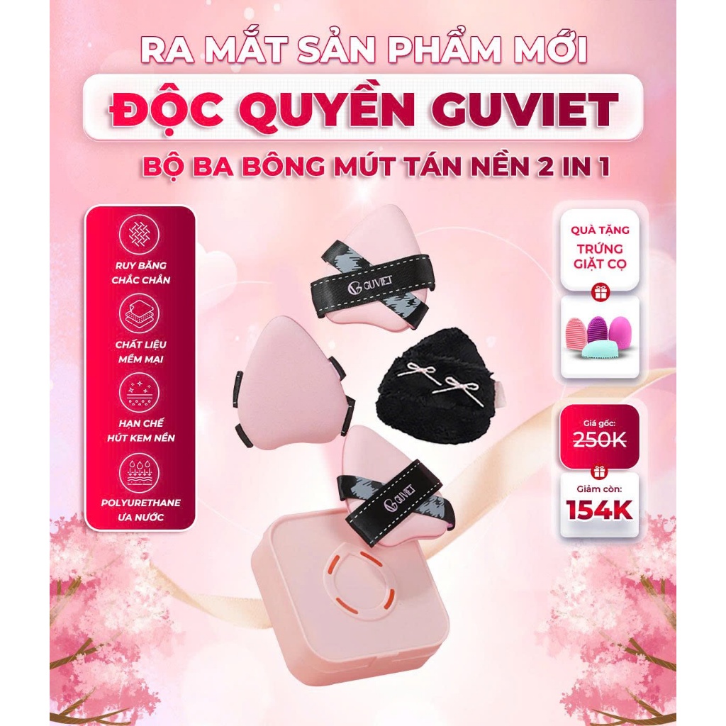 Bộ bông mút trang điểm GUVIET màu hồng đen gồm 2 mút tán nền và 1 bông phấn phủ