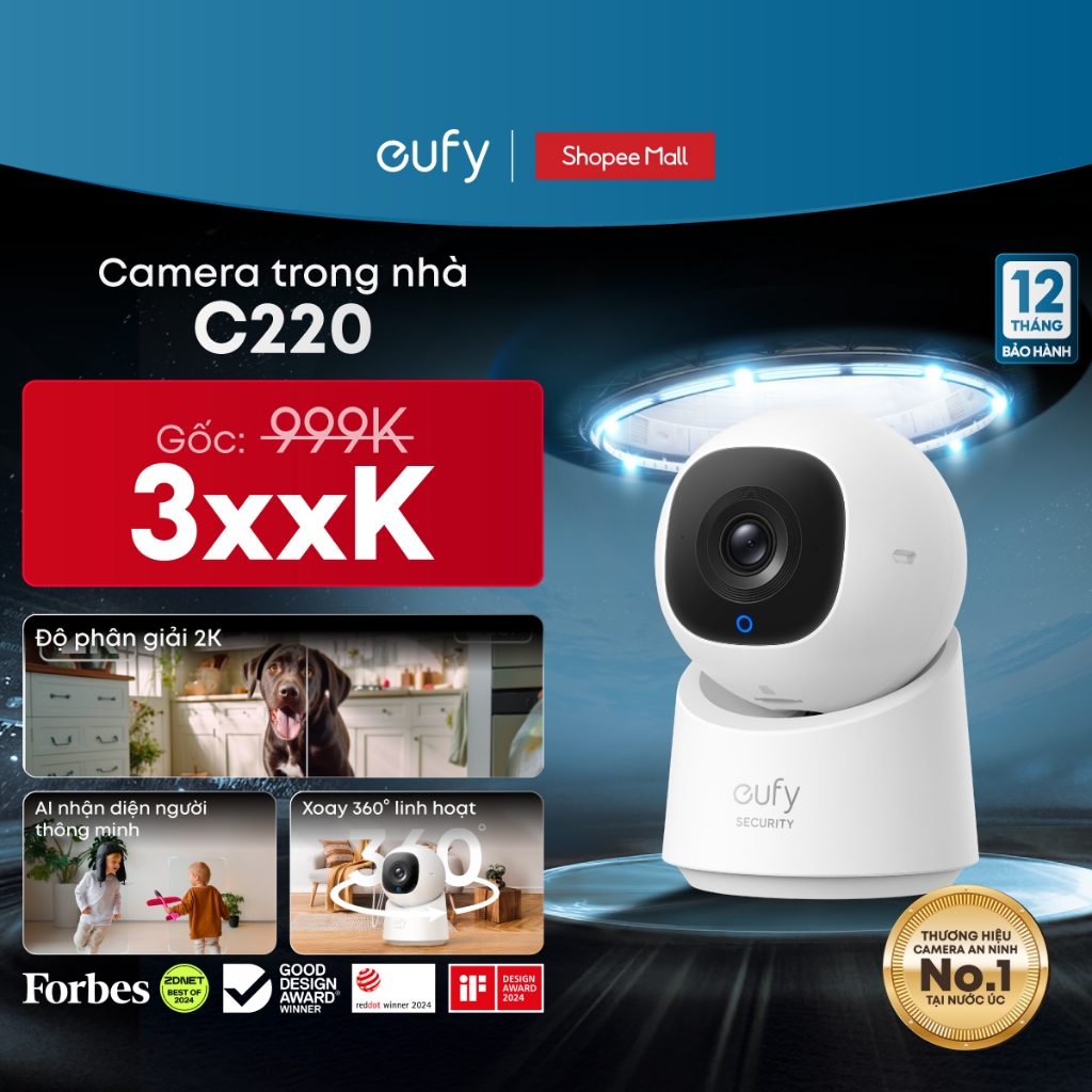 Camera trong nhà Eufy Indoor C220 | 2K rõ nét | AI tracking | Cảnh báo qua app - Hàng chính hãng - B