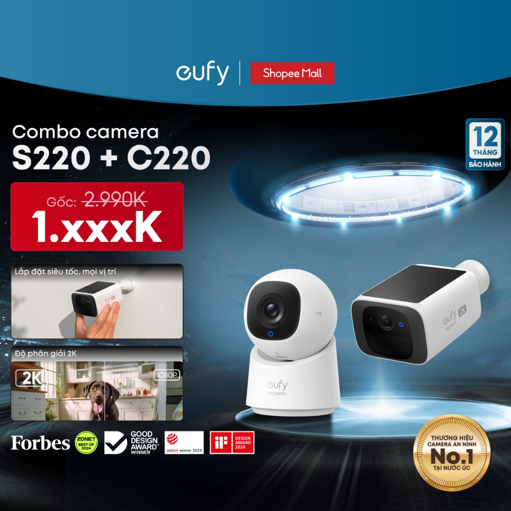 Combo Camera Eufy ngoài trời SoloCam S220 + Camera trong nhà C220 - Hàng chính hãng - Bảo hành 12 th