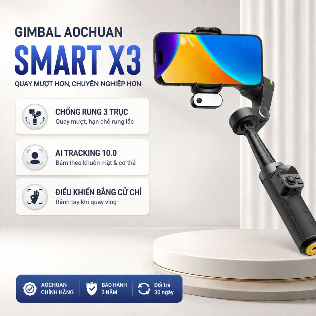 Gimbal Smart X3 Chính Hãng Aochuan, Gậy Chống Rung Điện Thoại Quay Phim Chụp Ảnh Theo Dõi Vật Thể