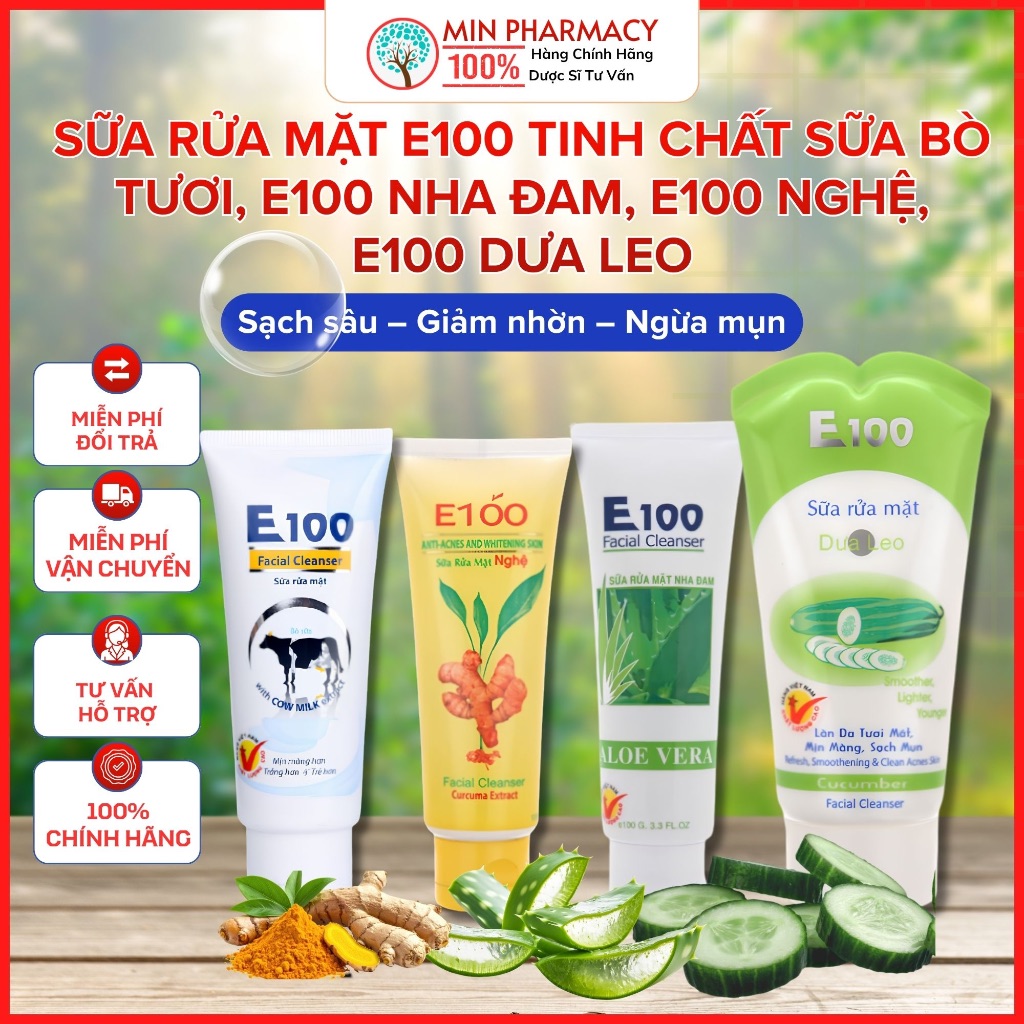 Sữa Rửa Mặt E100 Tinh Chất Sữa Bò Tươi, E100 nha đam, E100 nghệ, E100 dưa leo