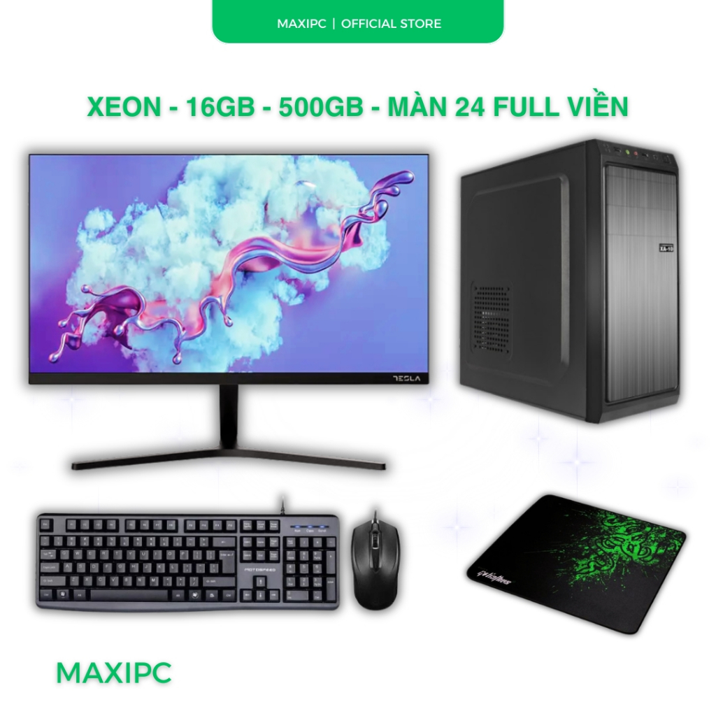 Máy Tính Bàn Xeon 16GB SSD 240GB Full Bộ Màn 22 24 Inch Chạy Mượt Capcut Canva Chơi Game Giá Rẻ