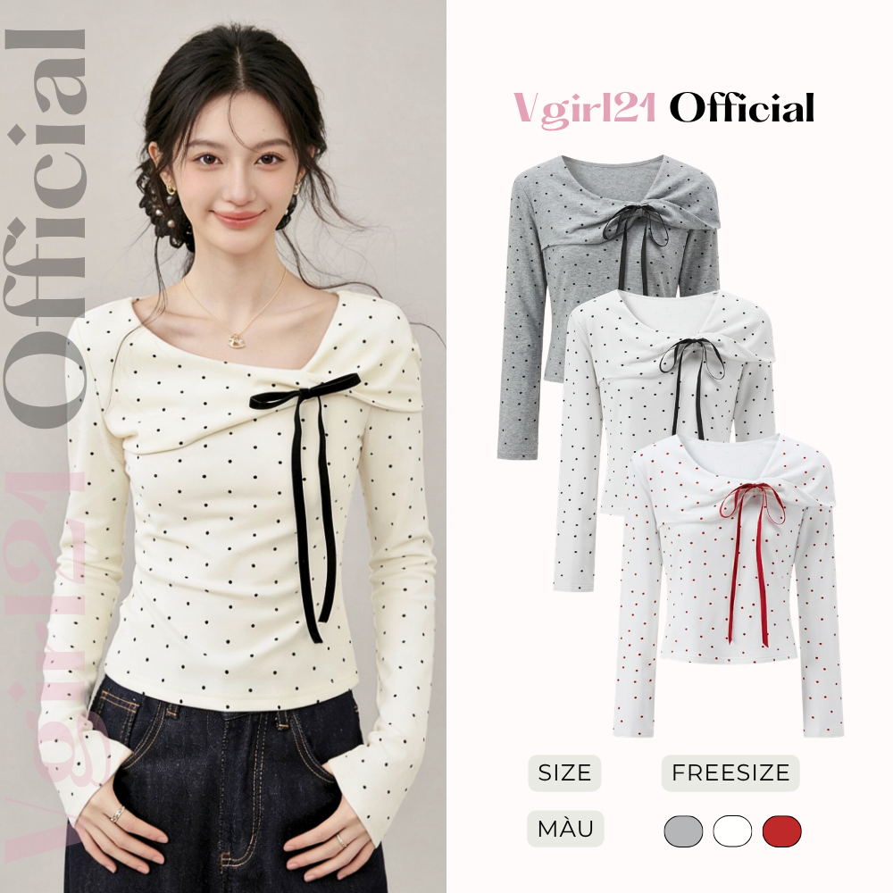 Amee Top - Áo thun borip nữ cổ lệch vạt chéo phối nơ - Áo kiểu nữ chấm bi tay dài Vgirl21, chất thun co giãn 4 chiều