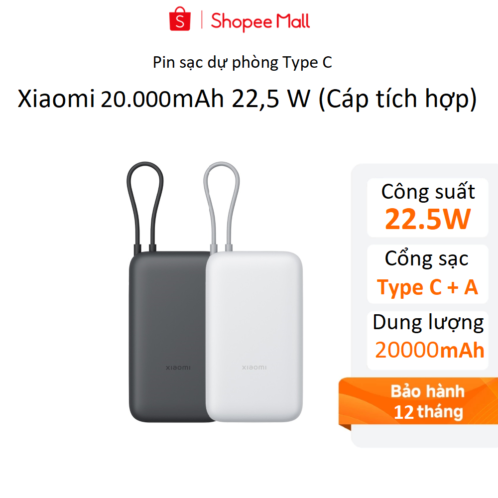 Sạc dự phòng Xiaomi 20000mAh Tích hợp cáp Type C Bản quốc tế - Hàng chính hãng