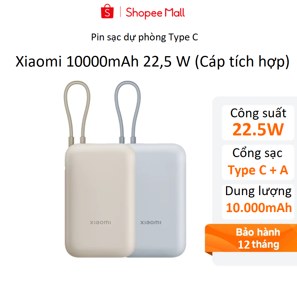 Pin sạc dự phòng Xiaomi 10000mAh Cáp Type-C Tích hợp 22,5W In/Out Type-C - Hàng chính hãng