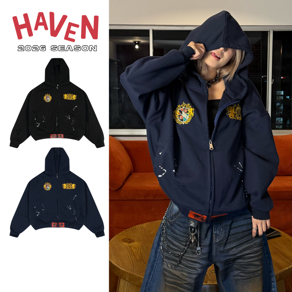 Áo Khoác Hoodie Zip Haven Studio nam nữ form boxy chất nỉ cua thêu có màu xanh đen và màu đen | BigBuy360 - bigbuy360.vn