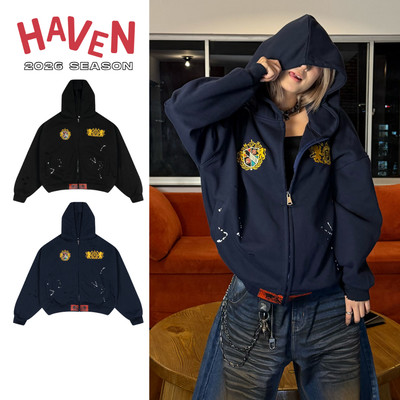 Áo Khoác Hoodie Zip Haven Studio nam nữ form boxy chất nỉ cua thêu có màu xanh đen và màu đen