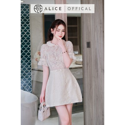 Váy Ren Hoa Nổi Cao Cấp Alice Dáng Xòe Tiểu Thư, Đầm Thiết Kế Chữ A Cổ Sen Phối Nơ Sang Chảnh T452