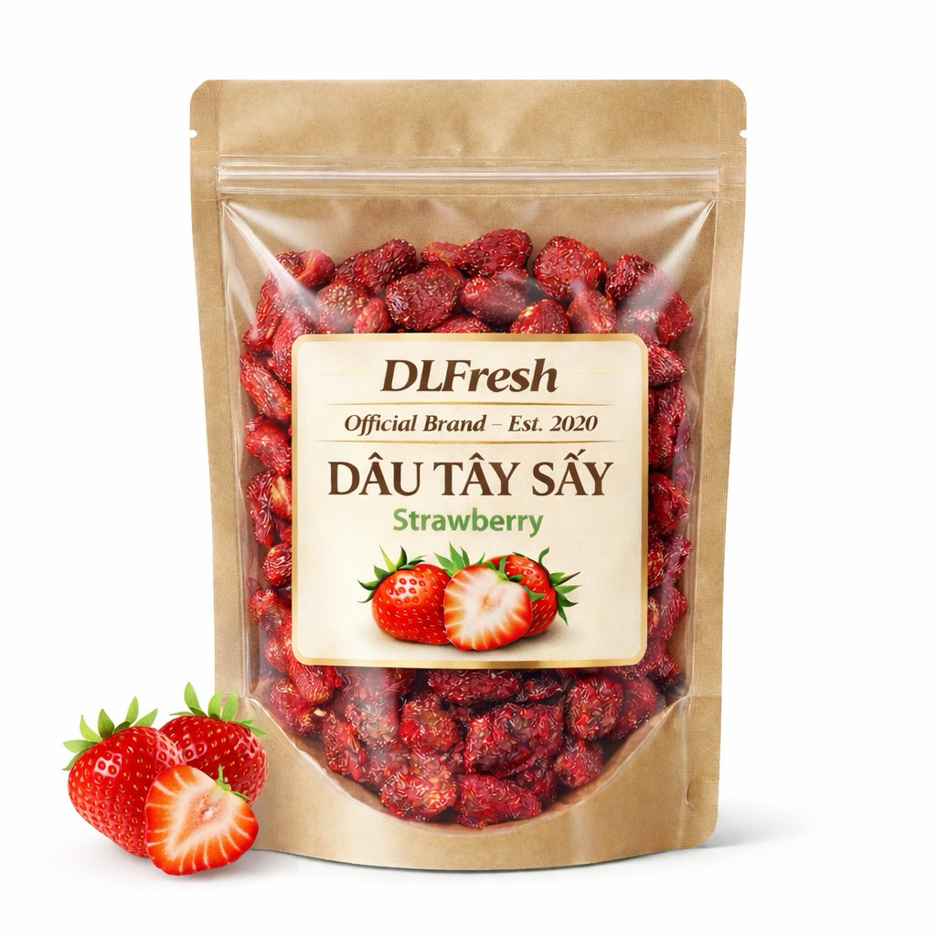Dâu Tây Sấy Xí Muội DLFresh – Dâu Tây Sấy Dẻo Vị Chua Ngọt Đậm Đà, Ăn Liền, Đặc Sản Đà Lạt