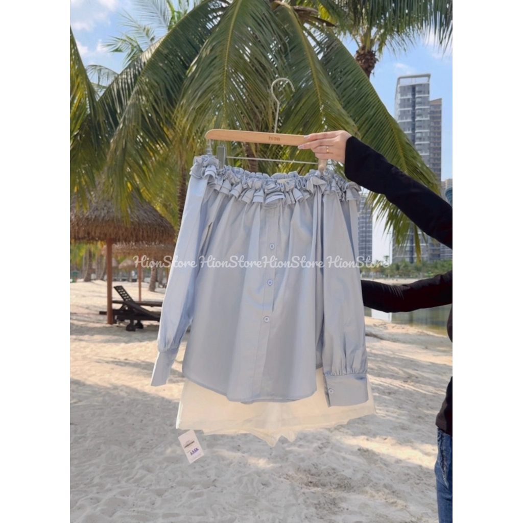 Hion Store - Set áo trễ vai xanh dương+ short trắng