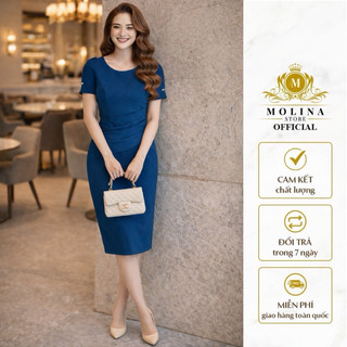 Đầm Thiết Kế Dáng Bút Chì Nữ Molina Tay Bồng Xếp Ly Eo Đính Ngọc, Chất Liệu Thun Da Hàn Cao Cấp