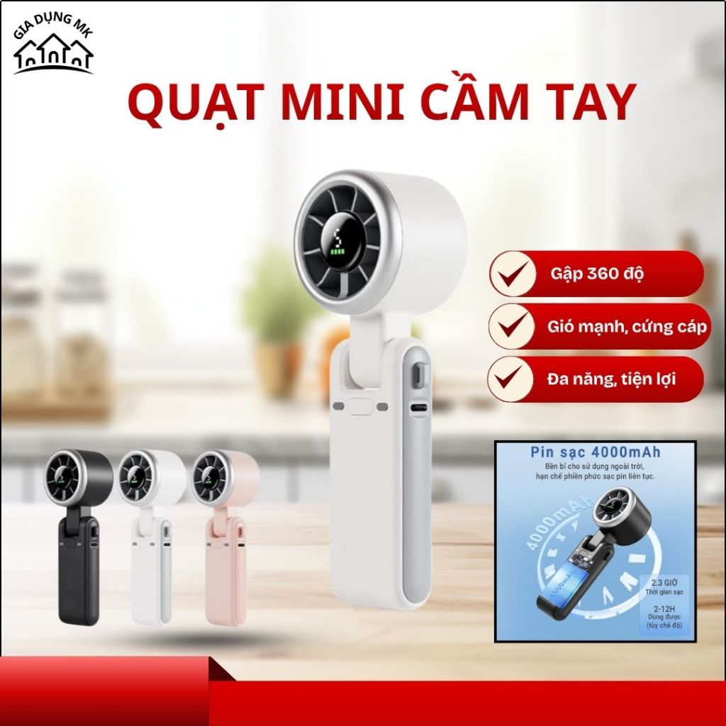 Quạt Cầm Tay Di Động Turbo – Màn Hình LED, Pin 4000mAh, 5 Cấp Độ Gió - Gia Dụng MK
