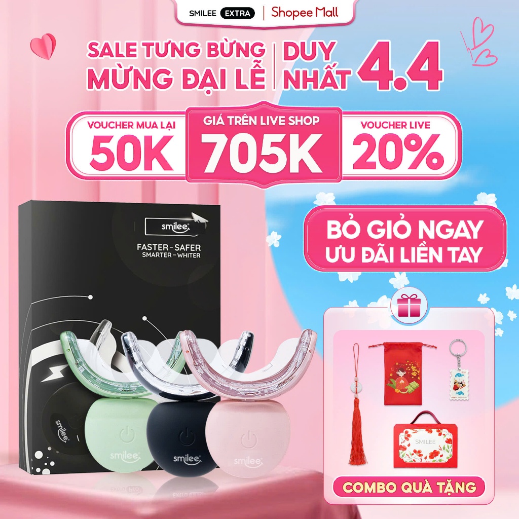 [GIÁ 687K TẠI LIVE SHOP] Trắng răng Smilee Extra, bộ kit làm trắng răng từ 2-6 tone tại nhà, bộ quà 