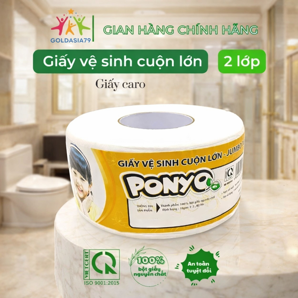 Giấy Vệ Sinh Cuộn Lớn Ponyo JB500 500g – Giấy Vệ Sinh 2 Lớp Mềm Mịn, Thấm Hút Tốt, Họa Tiết Caro – P