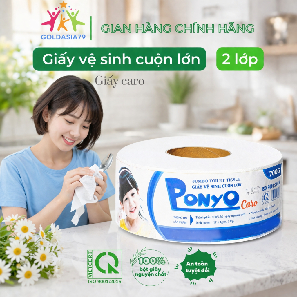 Giấy vệ sinh cuộn lớn siêu mịn PONYO JB700, 2 lớp chất lượng cao, hoạ tiết lụa/caro 700g - PONYO7058
