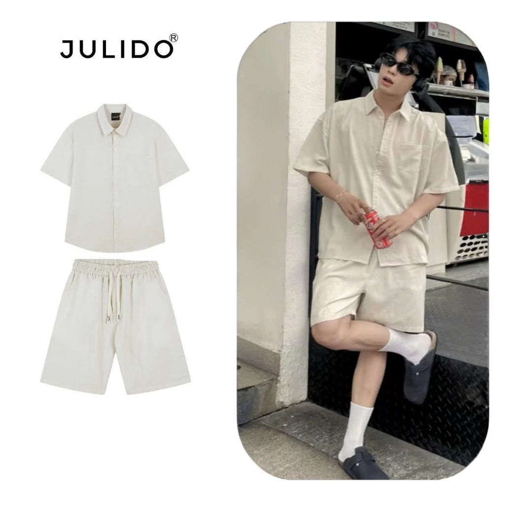 Bộ quần áo nam JULIDO Form Basic Menwear chất liệu đũi linen cộc tay đi b