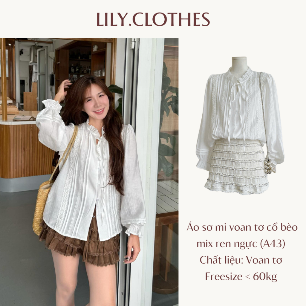 Lily.clothes- Áo sơ mi nữ dài tay cổ bèo mix ren ngực tay xoè tiểu thư (A43)