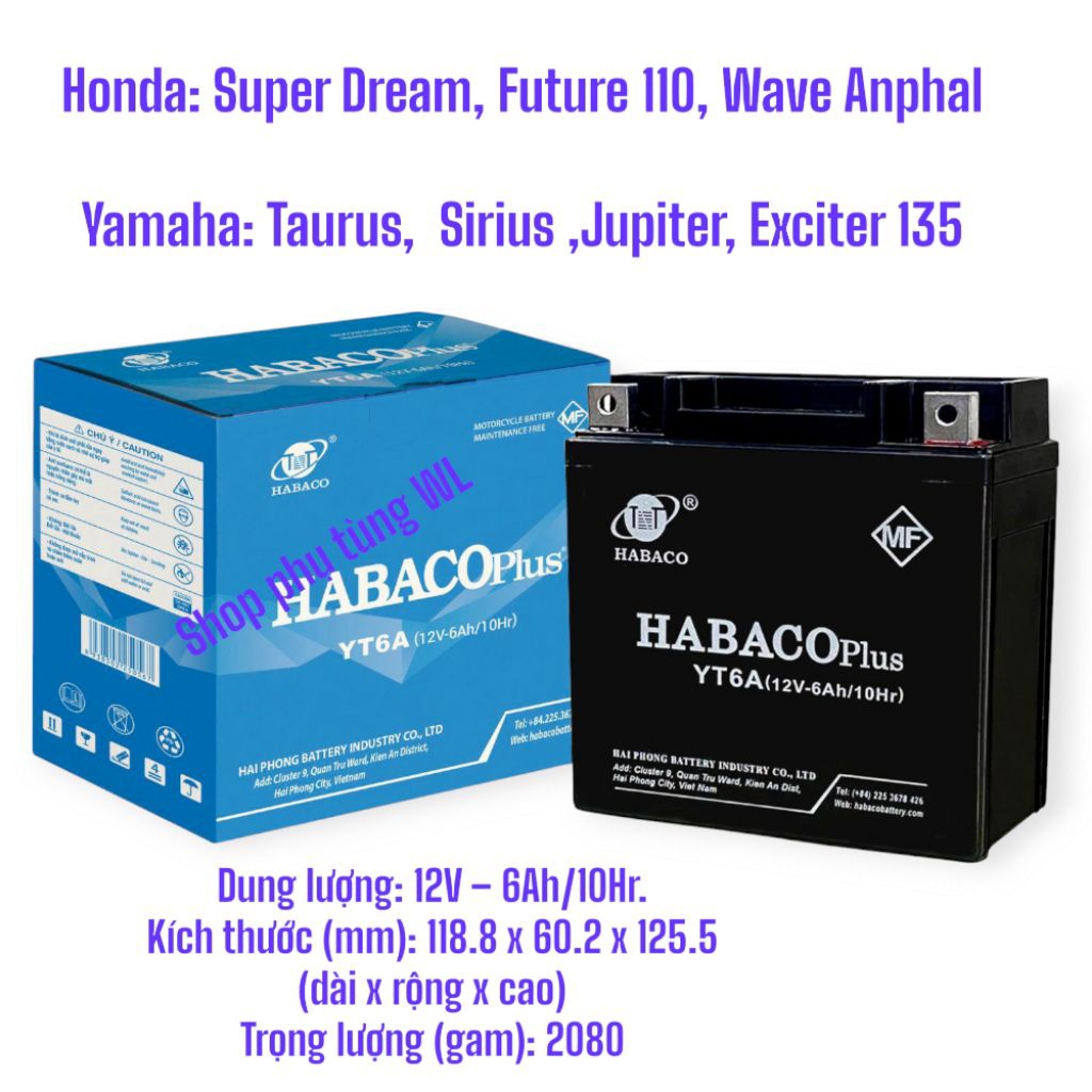 Bình ắc quy YT6A HABACO Lắp xe Dream, Wave cũ, Future, Jupiter, Sirius, Exciter 135 bình 5 cao