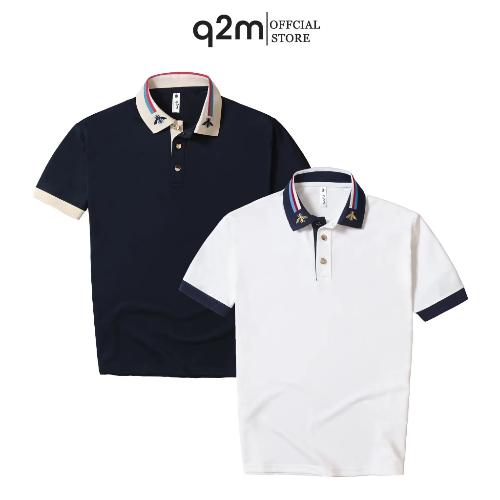Áo Phông Polo Màu Trắng Cổ Xanh Than Thêu Mã q2m.091