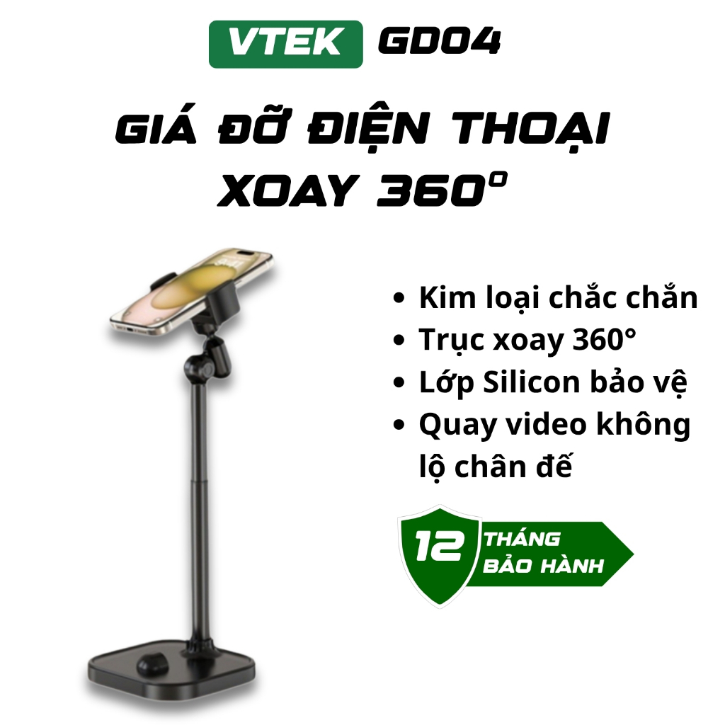 Giá Đỡ Điện Thoại Livestream VTEK GD04 – Kẹp Điện Thoại Quay Video, Góc Xoay 360°, Điều Chỉnh Chiều 
