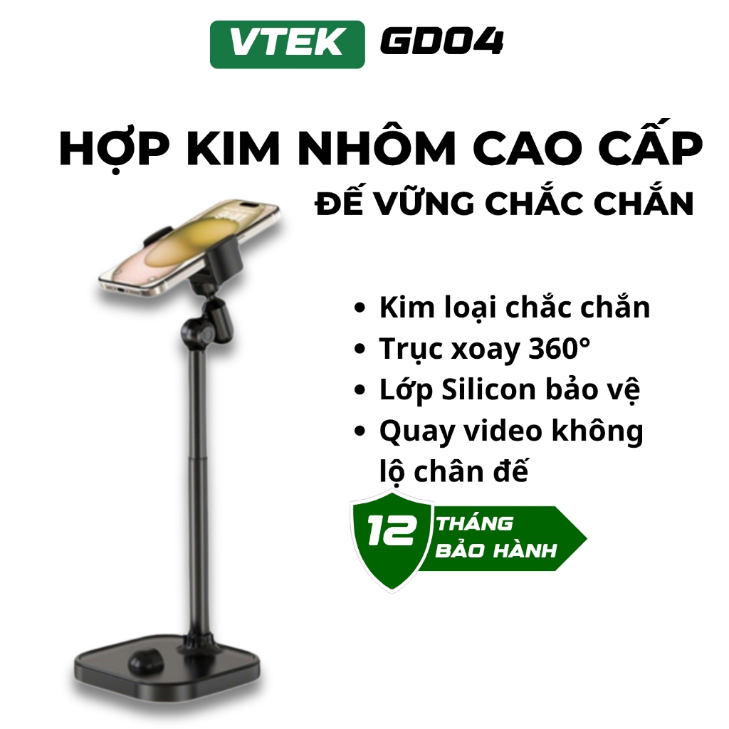 Giá Đỡ Điện Thoại Livestream VTEK GD04 – Kẹp Điện Thoại Quay Video, Góc Xoay 360°, Điều Chỉnh Chiều 