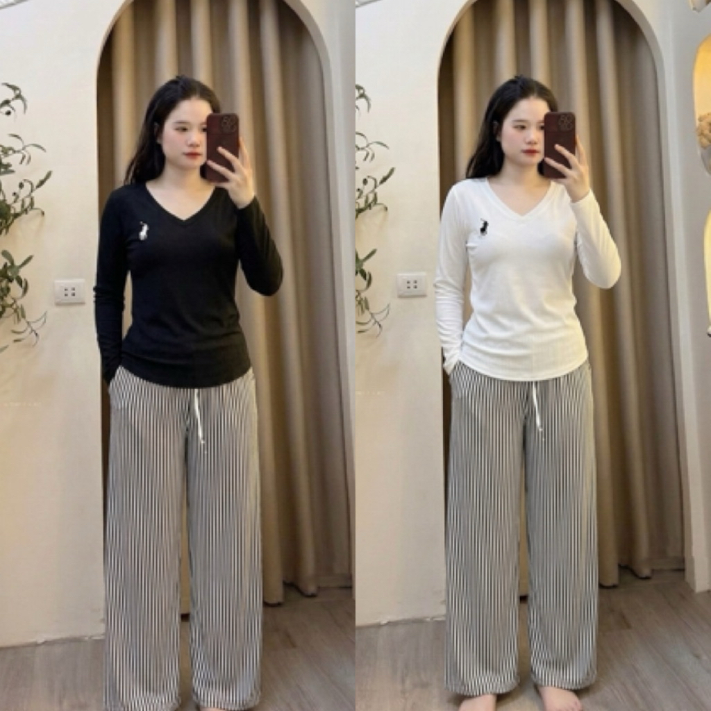 Set Bộ Nữ , Set Bộ Thun Cotton Tay Dài Cổ Tim