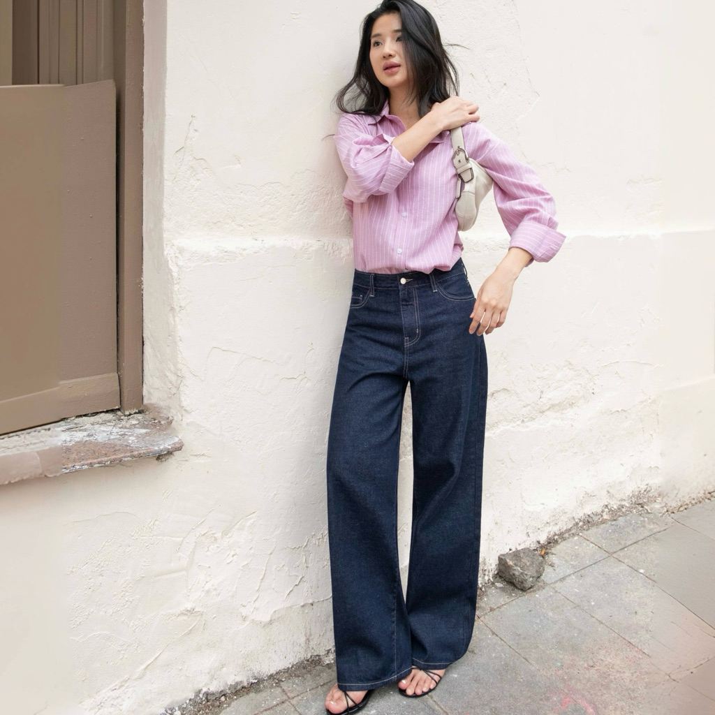 HASHTAGEM - Quần Loose Jeans Indigo Blue LSJ.23, Ống Rộng Vừa Màu Xanh Than Cổ Điển