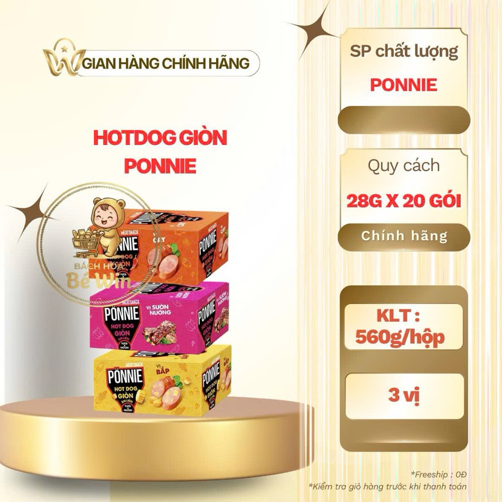 Hộp 20 Cây Hotdog Ponnie Giòn Ăn Liền Vị Cay/ Vị Bắp/ Vị Sườn Nướng 28gr