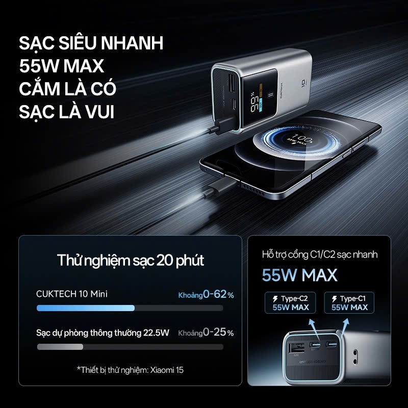 SDP Di Động CUKTECH 10 MINI 2C1A | Sạc Nhanh 55W Max | Dung Lượng 10000mAh | Bảo Hành 18 Tháng PB1055 | BigBuy360 - bigbuy360.vn