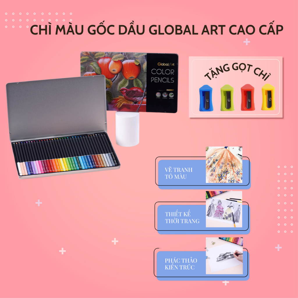 Bút Chì Màu Hộp Thiếc Global Art Cao Cấp 36/72 Màu Đậm Mịn Tô Màu Phác Họa Thiết Kế M40007/40008