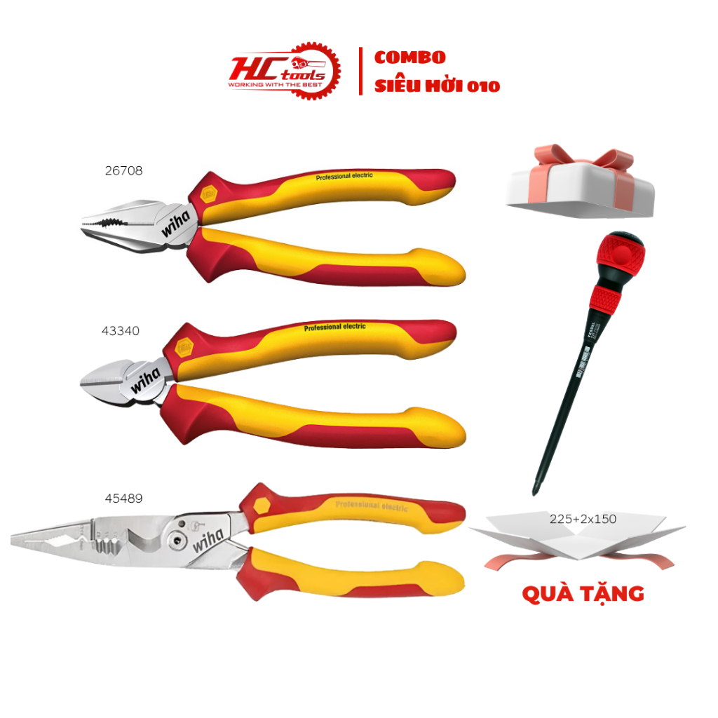 Combo 3 kìm cách điện 1000V Wiha (26708, 43340, 45489) tặng Vessel 225+2x150 - HCTools VN