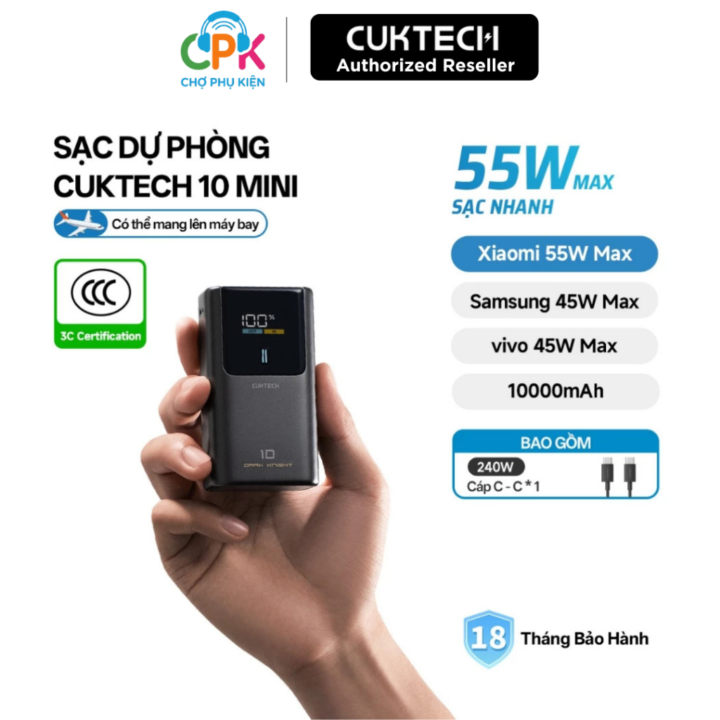SDP Di Động CUKTECH 10 MINI 2C1A | Sạc Nhanh 55W Max | Dung Lượng 10000mAh | Bảo Hành 18 Tháng PB1055