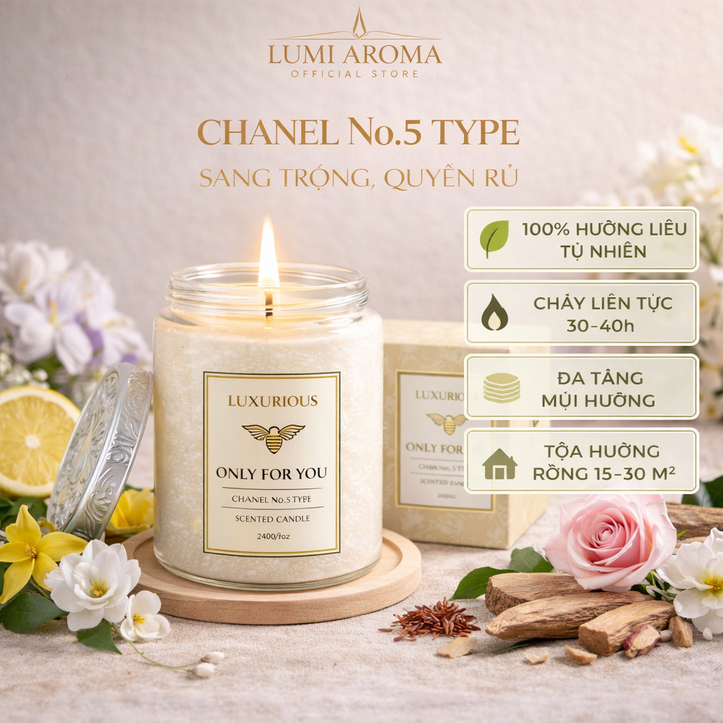 Nến thơm tinh dầu hương Chanel No5 Lumi Aroma – Hương nước hoa cao cấp, nữ tính