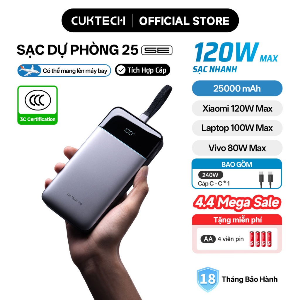【Được chứng nhận CCC】CUKTECH 120W 25000mAh Sạc Nhanh Công Suất Cao Pin Dự Phòng – Hỗ Trợ Xiaomi 120W Laptop 100W——25 SE | BigBuy360 - bigbuy360.vn
