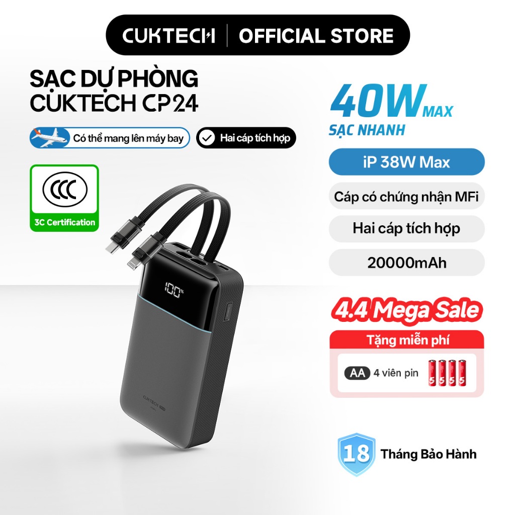 【Được chứng nhận CCC】CUKTECH Pin Dự Phòng 20000mAh Sạc Nhanh 40W – Tích Hợp Hai Dây, Hỗ Trợ iP 38W / Xiaomi 33W —— CP24 | BigBuy360 - bigbuy360.vn